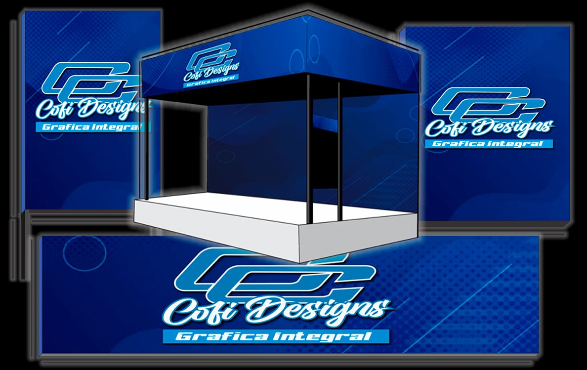 Mockup de stand con estructura y gráfica de Cofi Designs