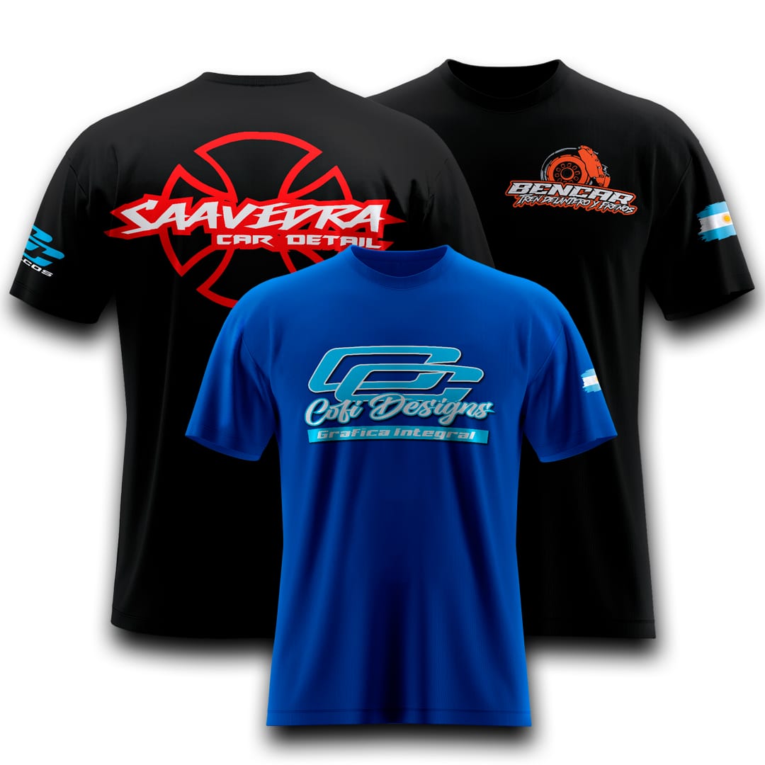 Remeras personalizadas Cofi Designs: Saavedra Car Detail, Bencar y remera azul con logo Cofi Designs