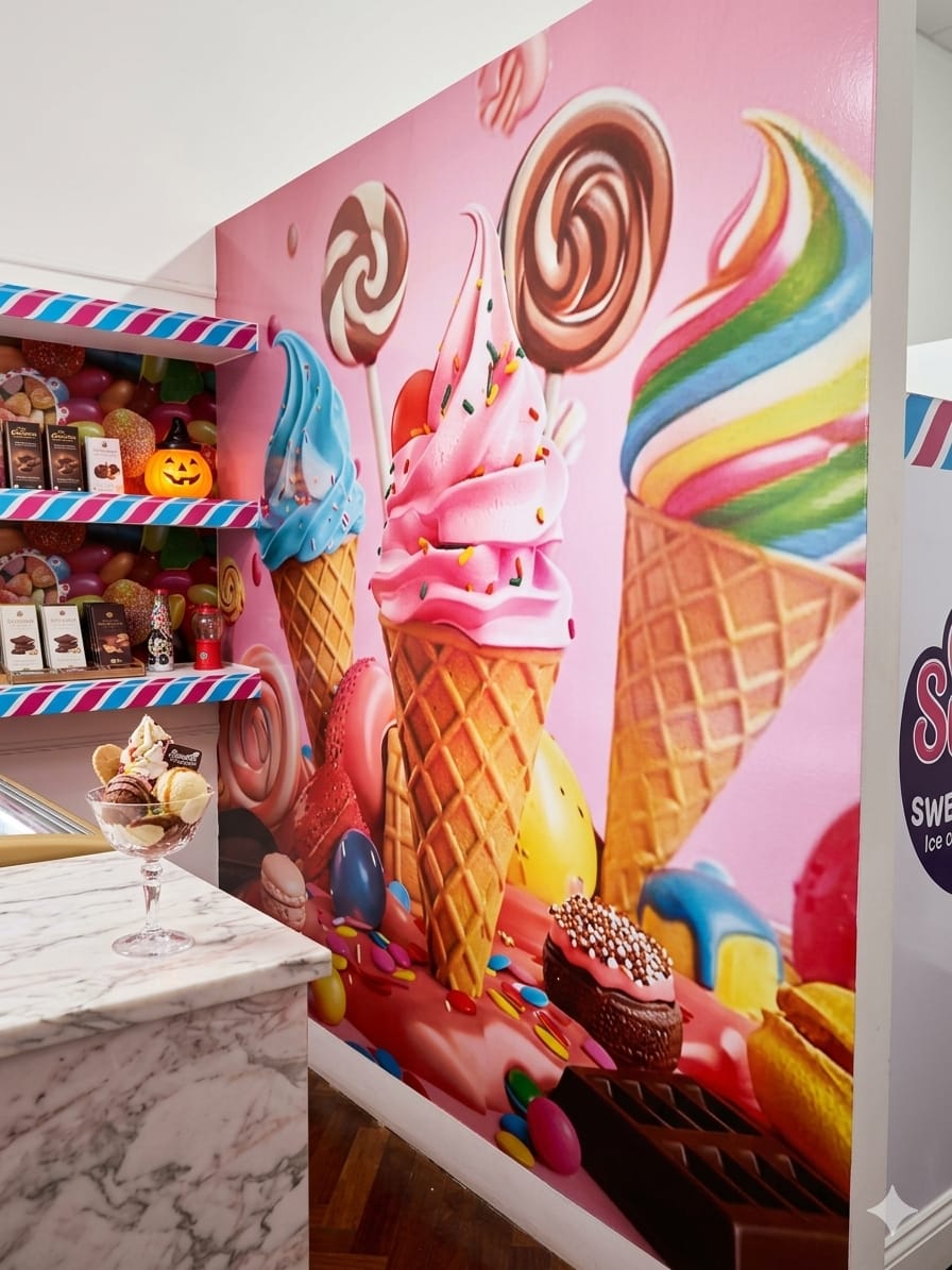 Mural de vinilo de helados y golosinas en heladería
